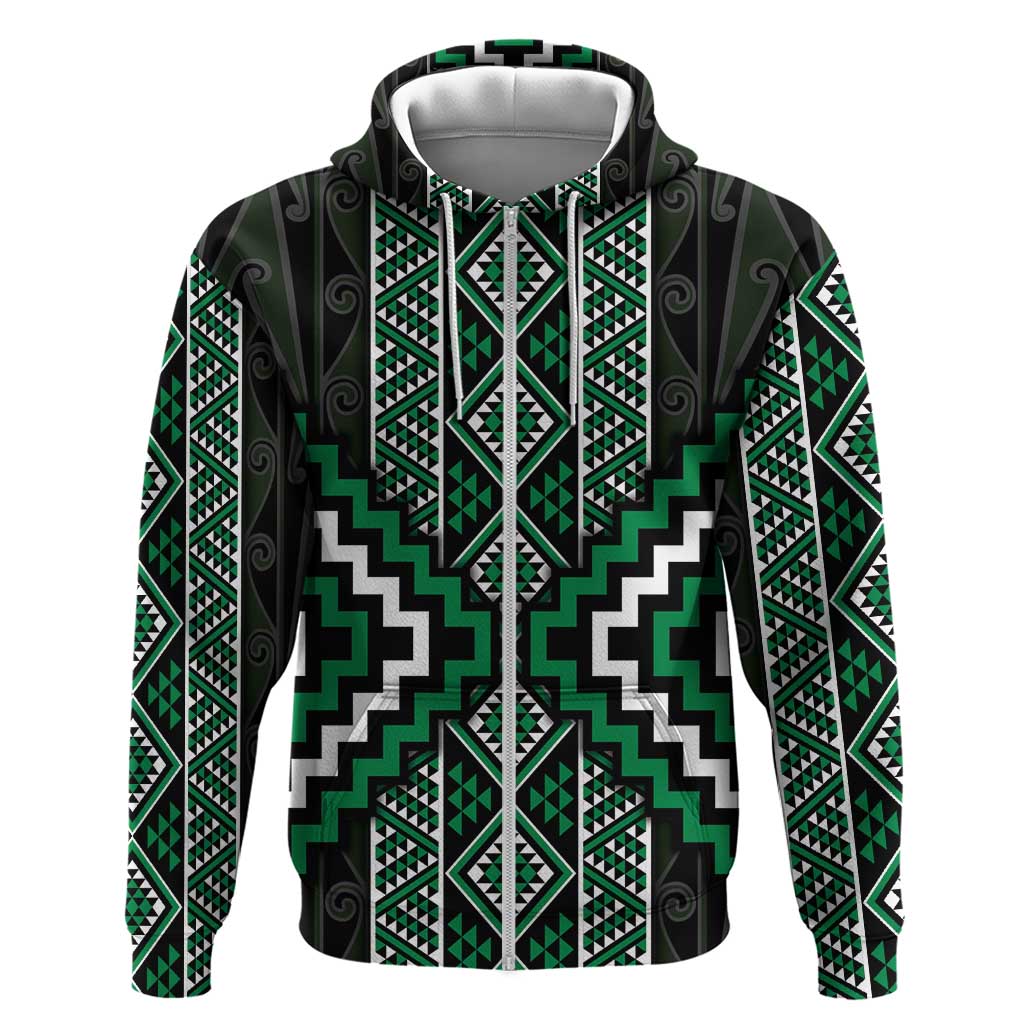 Jade Tukutuku Pattern Aotearoa Zip Hoodie Niho Taniwha and Puhoro Motifs