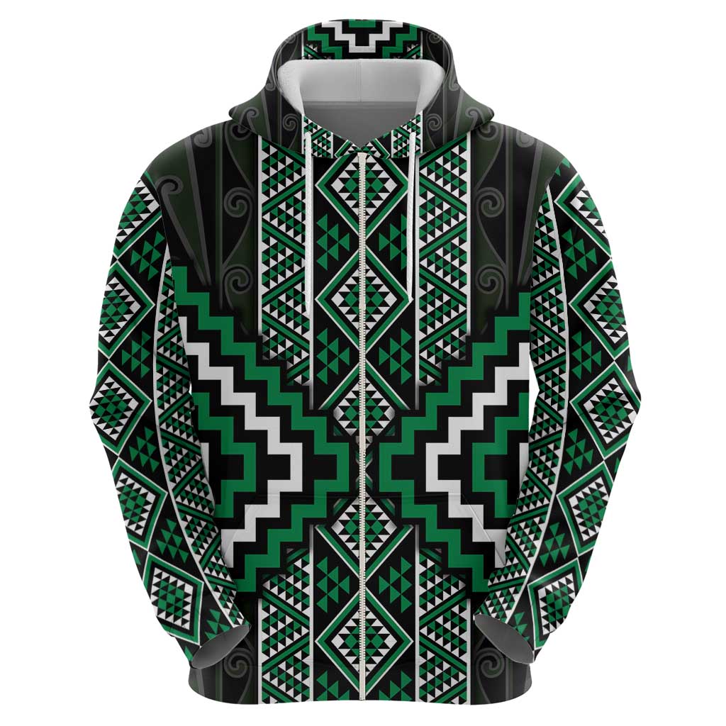 Jade Tukutuku Pattern Aotearoa Zip Hoodie Niho Taniwha and Puhoro Motifs
