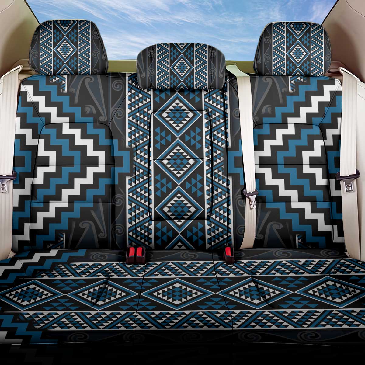 Azure Tukutuku Pattern Aotearoa Back Car Seat Cover Niho Taniwha and Puhoro Motifs