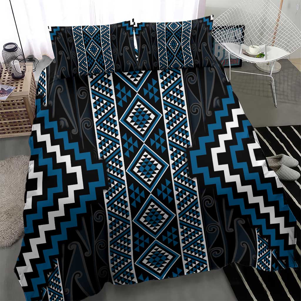 Azure Tukutuku Pattern Aotearoa Bedding Set Niho Taniwha and Puhoro Motifs