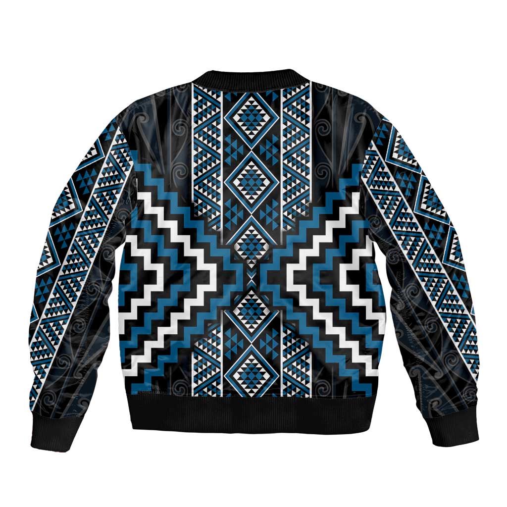 Azure Tukutuku Pattern Aotearoa Bomber Jacket Niho Taniwha and Puhoro Motifs