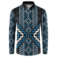 Azure Tukutuku Pattern Aotearoa Button Sweatshirt Niho Taniwha and Puhoro Motifs LT7 Blue - Polynesian Pride