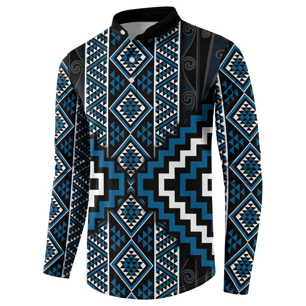 Azure Tukutuku Pattern Aotearoa Button Sweatshirt Niho Taniwha and Puhoro Motifs LT7 - Polynesian Pride