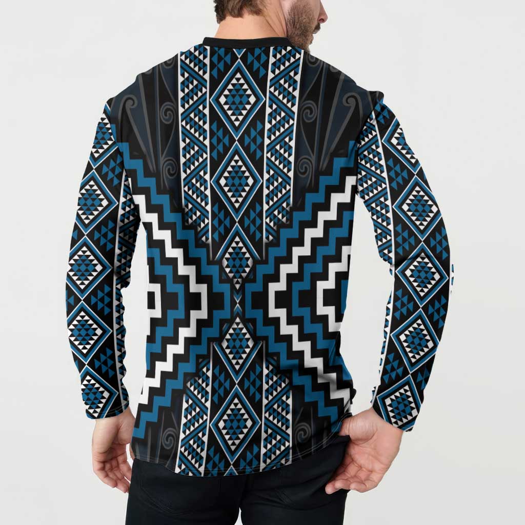 Azure Tukutuku Pattern Aotearoa Button Sweatshirt Niho Taniwha and Puhoro Motifs LT7 - Polynesian Pride