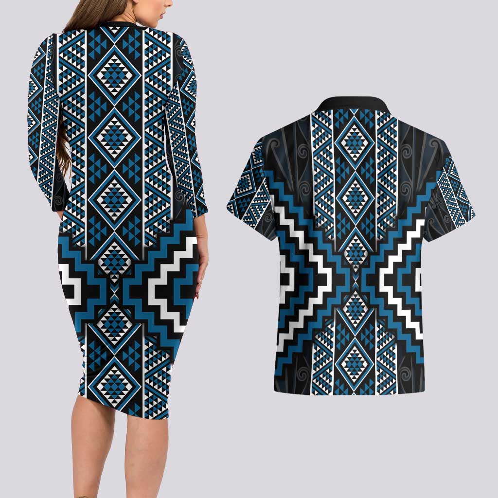 Azure Tukutuku Pattern Aotearoa Couples Matching Long Sleeve Bodycon Dress and Hawaiian Shirt Niho Taniwha and Puhoro Motifs LT7 - Polynesian Pride