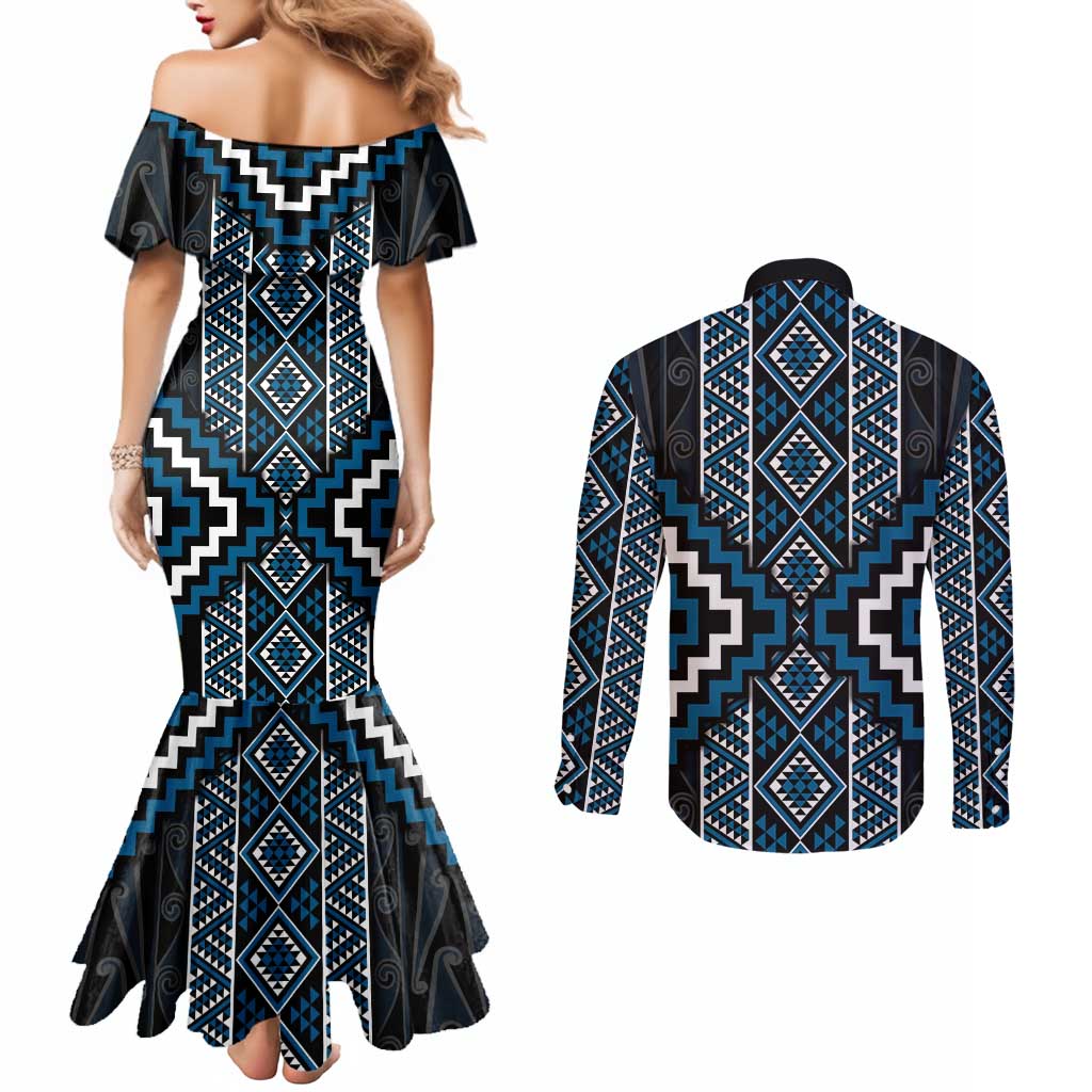 Azure Tukutuku Pattern Aotearoa Couples Matching Mermaid Dress and Long Sleeve Button Shirt Niho Taniwha and Puhoro Motifs LT7 - Polynesian Pride