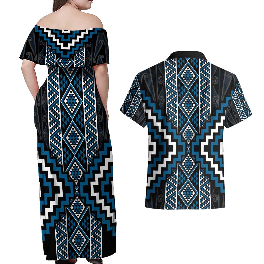 Azure Tukutuku Pattern Aotearoa Couples Matching Off Shoulder Maxi Dress and Hawaiian Shirt Niho Taniwha and Puhoro Motifs LT7 - Polynesian Pride