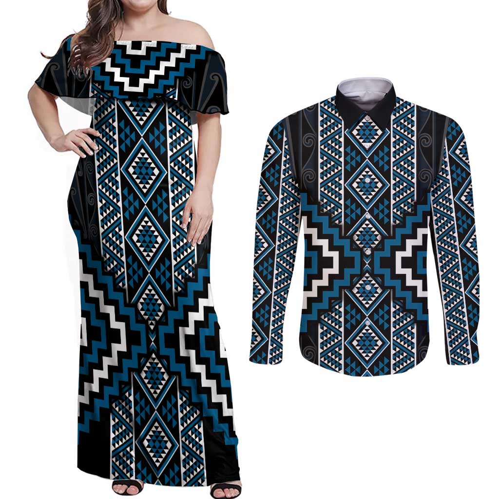 Azure Tukutuku Pattern Aotearoa Couples Matching Off Shoulder Maxi Dress and Long Sleeve Button Shirt Niho Taniwha and Puhoro Motifs LT7 Blue - Polynesian Pride