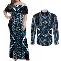 Azure Tukutuku Pattern Aotearoa Couples Matching Off Shoulder Maxi Dress and Long Sleeve Button Shirt Niho Taniwha and Puhoro Motifs LT7 Blue - Polynesian Pride