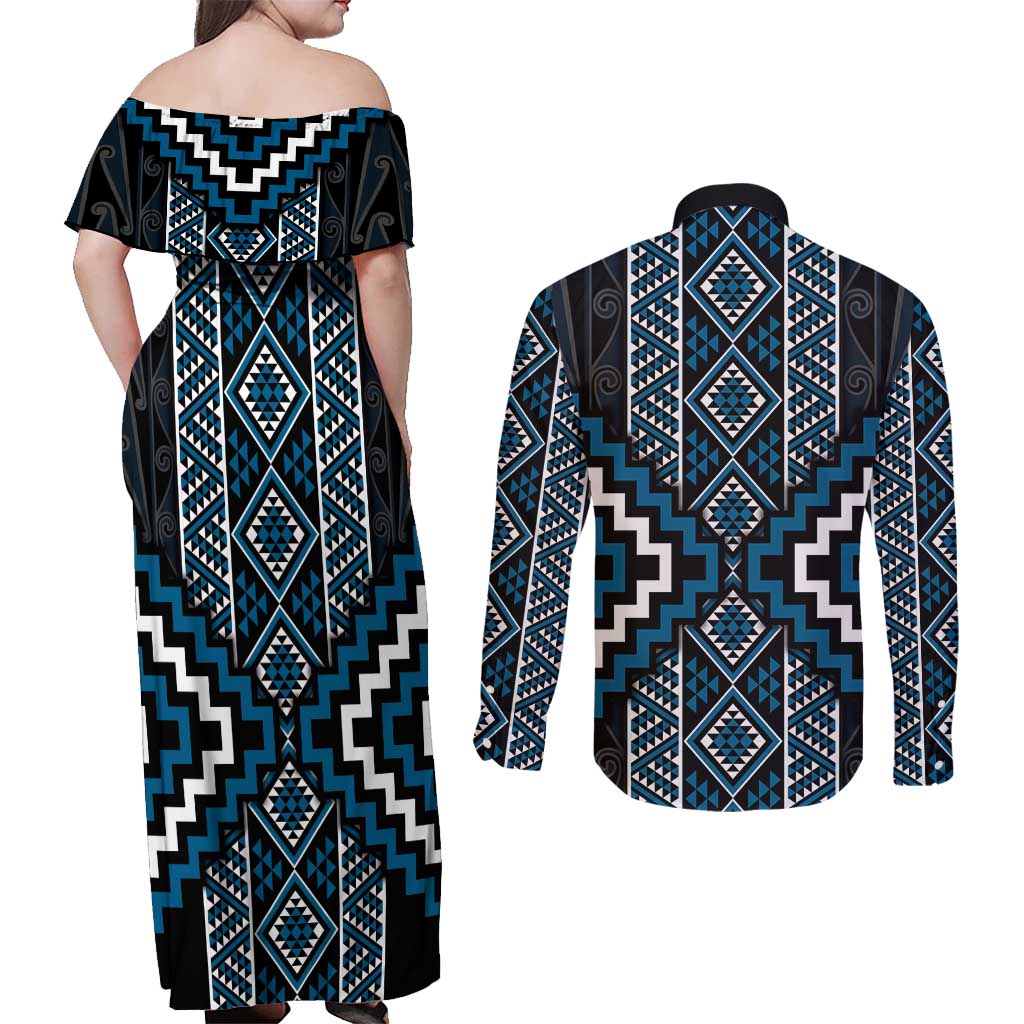 Azure Tukutuku Pattern Aotearoa Couples Matching Off Shoulder Maxi Dress and Long Sleeve Button Shirt Niho Taniwha and Puhoro Motifs LT7 - Polynesian Pride