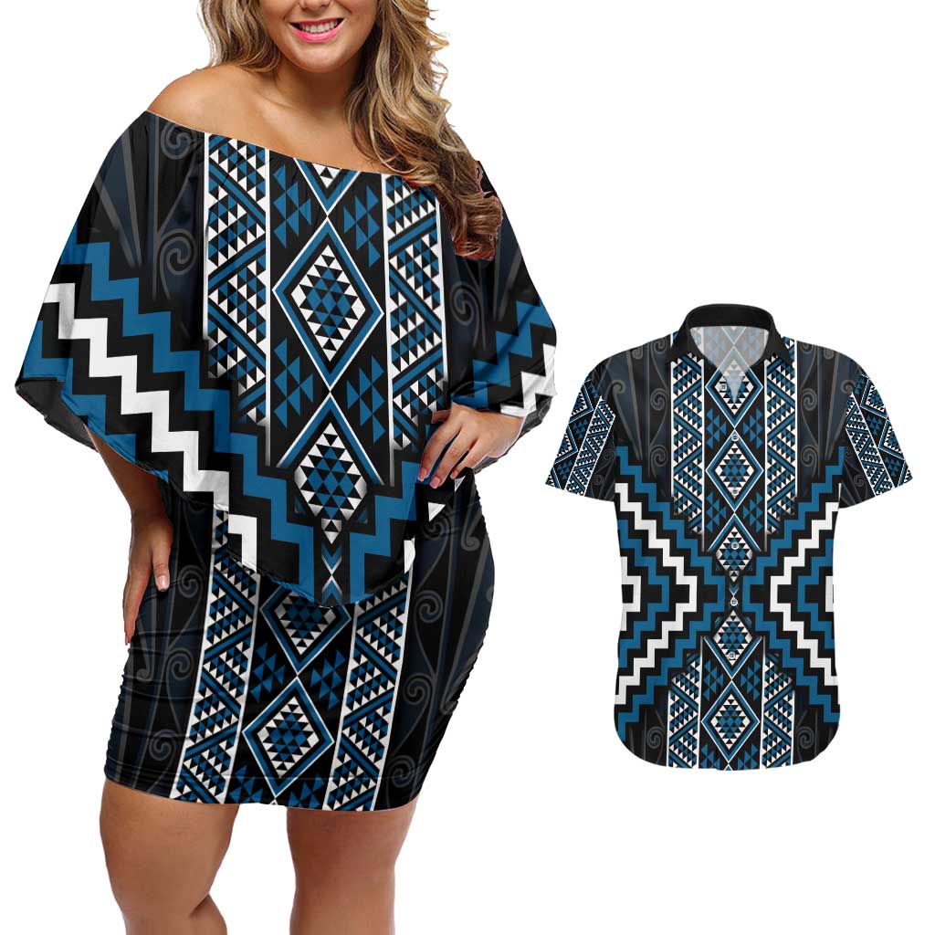 Azure Tukutuku Pattern Aotearoa Couples Matching Off Shoulder Short Dress and Hawaiian Shirt Niho Taniwha and Puhoro Motifs LT7 Blue - Polynesian Pride