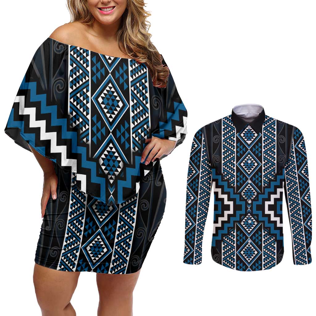 Azure Tukutuku Pattern Aotearoa Couples Matching Off Shoulder Short Dress and Long Sleeve Button Shirt Niho Taniwha and Puhoro Motifs LT7 Blue - Polynesian Pride