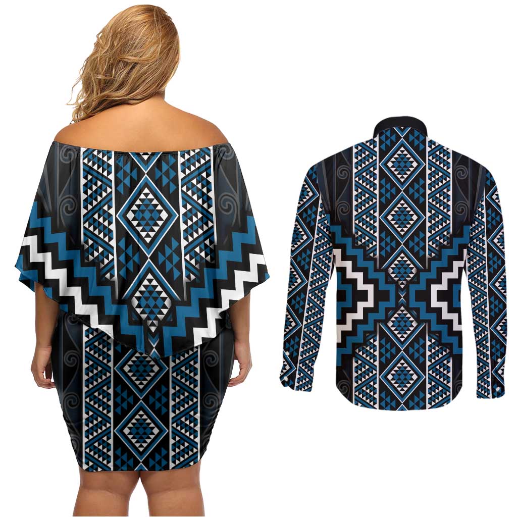 Azure Tukutuku Pattern Aotearoa Couples Matching Off Shoulder Short Dress and Long Sleeve Button Shirt Niho Taniwha and Puhoro Motifs LT7 - Polynesian Pride