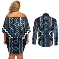 Azure Tukutuku Pattern Aotearoa Couples Matching Off Shoulder Short Dress and Long Sleeve Button Shirt Niho Taniwha and Puhoro Motifs LT7 - Polynesian Pride