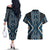 Azure Tukutuku Pattern Aotearoa Couples Matching Off The Shoulder Long Sleeve Dress and Hawaiian Shirt Niho Taniwha and Puhoro Motifs
