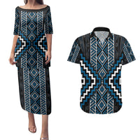 Azure Tukutuku Pattern Aotearoa Couples Matching Puletasi and Hawaiian Shirt Niho Taniwha and Puhoro Motifs LT7 Blue - Polynesian Pride