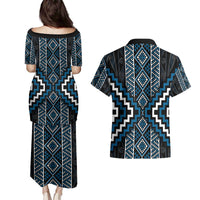 Azure Tukutuku Pattern Aotearoa Couples Matching Puletasi and Hawaiian Shirt Niho Taniwha and Puhoro Motifs LT7 - Polynesian Pride
