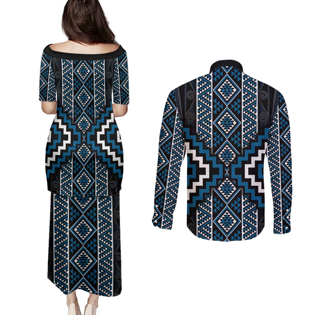 Azure Tukutuku Pattern Aotearoa Couples Matching Puletasi and Long Sleeve Button Shirt Niho Taniwha and Puhoro Motifs