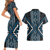 Azure Tukutuku Pattern Aotearoa Couples Matching Short Sleeve Bodycon Dress and Hawaiian Shirt Niho Taniwha and Puhoro Motifs LT7 - Polynesian Pride