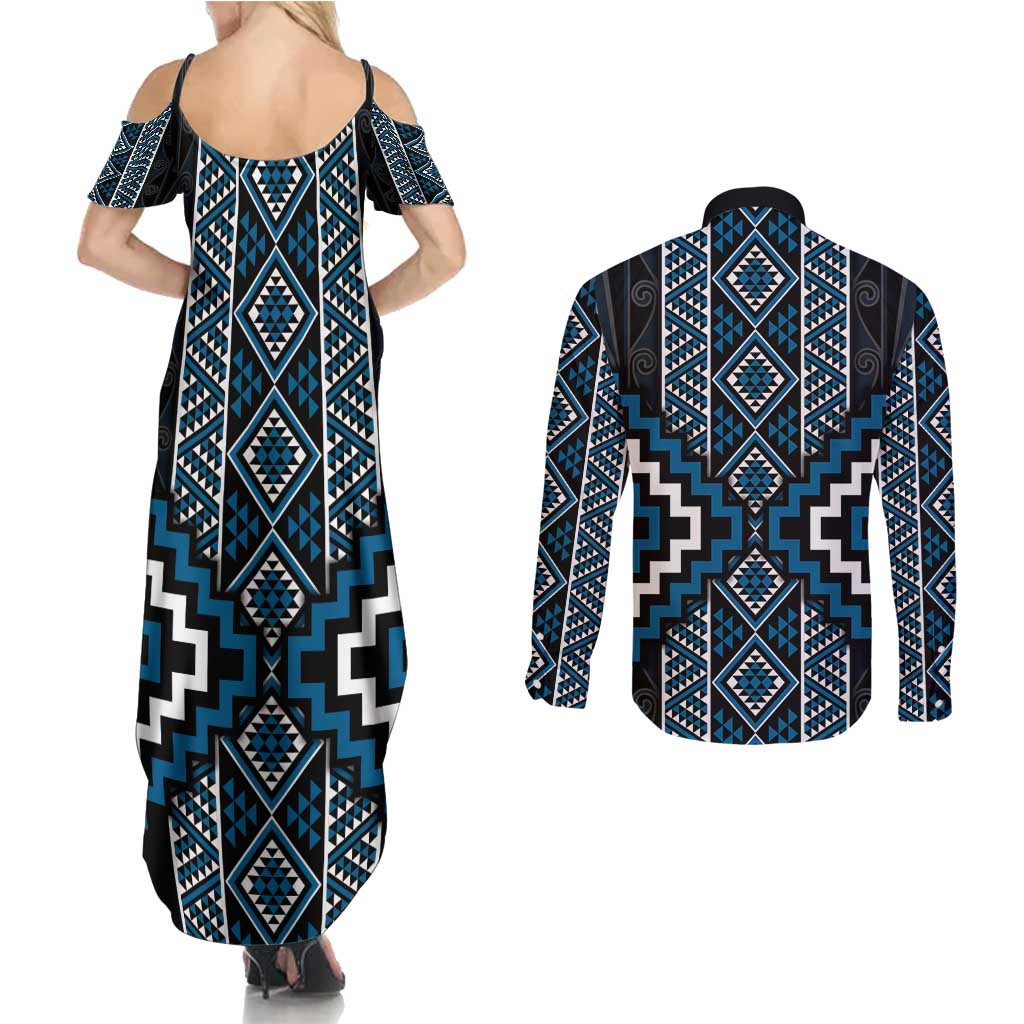 Azure Tukutuku Pattern Aotearoa Couples Matching Summer Maxi Dress and Long Sleeve Button Shirt Niho Taniwha and Puhoro Motifs LT7 - Polynesian Pride
