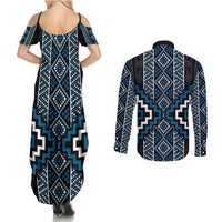 Azure Tukutuku Pattern Aotearoa Couples Matching Summer Maxi Dress and Long Sleeve Button Shirt Niho Taniwha and Puhoro Motifs LT7 - Polynesian Pride