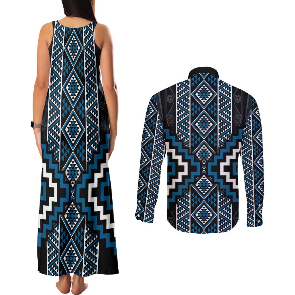 Azure Tukutuku Pattern Aotearoa Couples Matching Tank Maxi Dress and Long Sleeve Button Shirt Niho Taniwha and Puhoro Motifs LT7 - Polynesian Pride