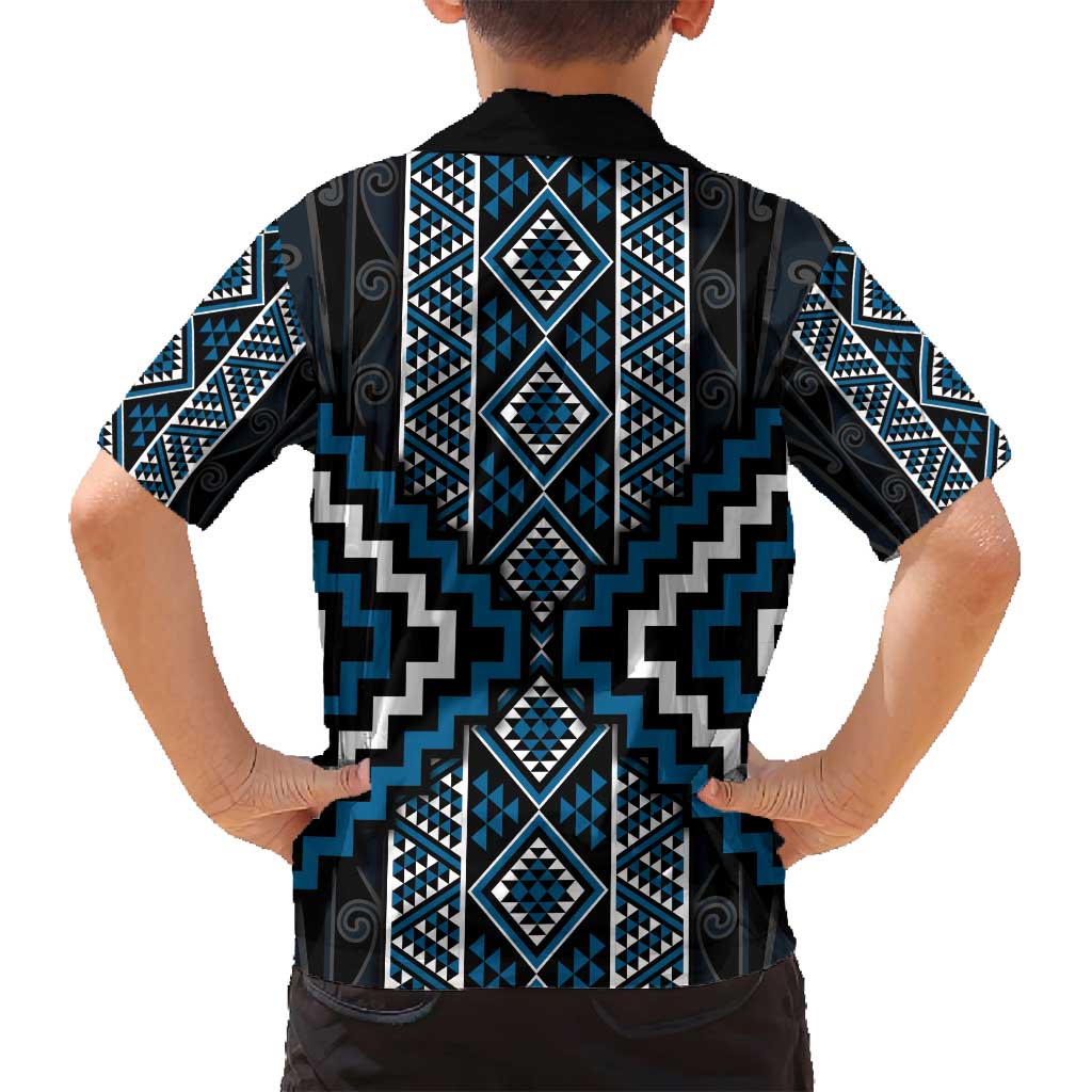 Azure Tukutuku Pattern Aotearoa Family Matching Long Sleeve Bodycon Dress and Hawaiian Shirt Niho Taniwha and Puhoro Motifs LT7 - Polynesian Pride