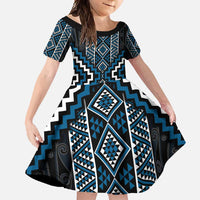Azure Tukutuku Pattern Aotearoa Family Matching Long Sleeve Bodycon Dress and Hawaiian Shirt Niho Taniwha and Puhoro Motifs LT7 Daughter's Dress Blue - Polynesian Pride