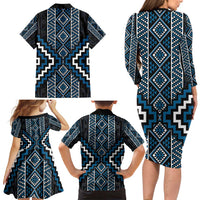 Azure Tukutuku Pattern Aotearoa Family Matching Long Sleeve Bodycon Dress and Hawaiian Shirt Niho Taniwha and Puhoro Motifs LT7 - Polynesian Pride