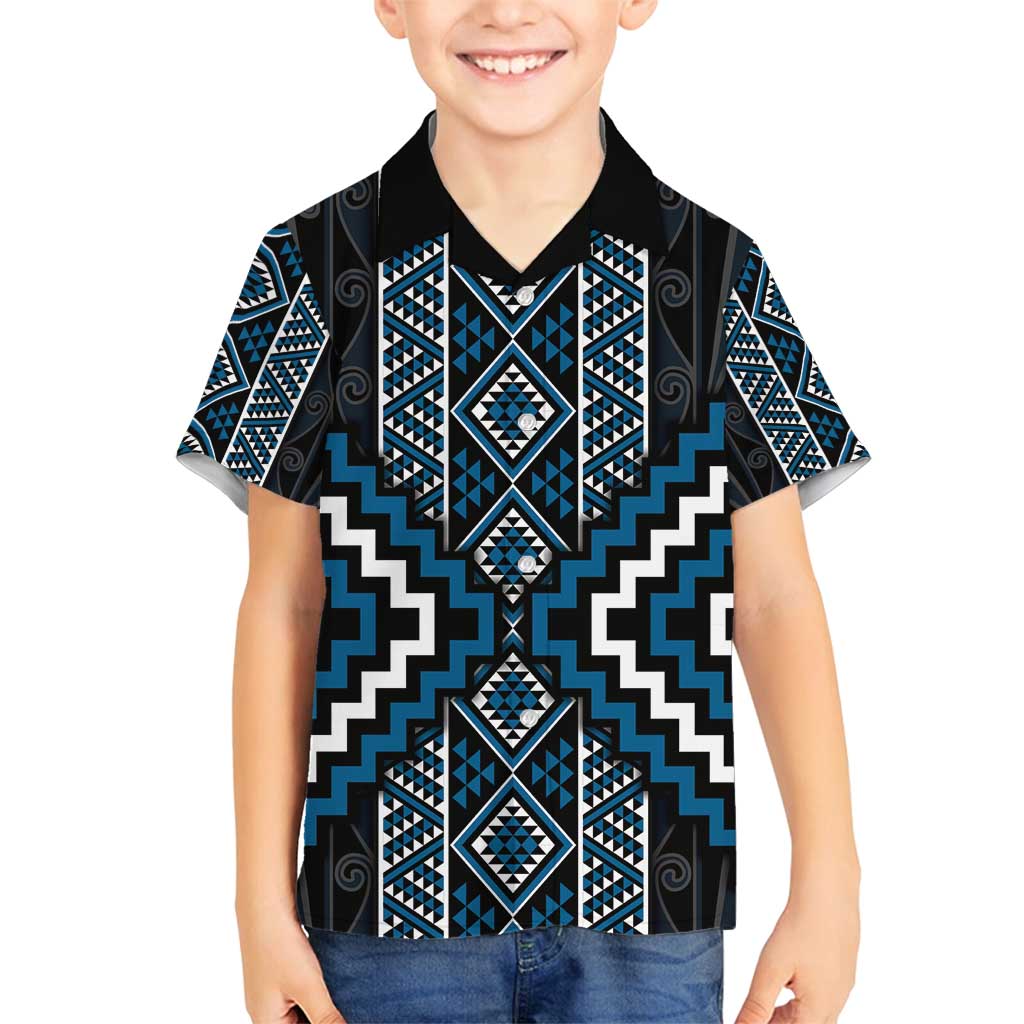 Azure Tukutuku Pattern Aotearoa Family Matching Long Sleeve Bodycon Dress and Hawaiian Shirt Niho Taniwha and Puhoro Motifs LT7 Son's Shirt Blue - Polynesian Pride