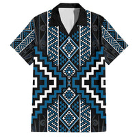 Azure Tukutuku Pattern Aotearoa Family Matching Off Shoulder Short Dress and Hawaiian Shirt Niho Taniwha and Puhoro Motifs