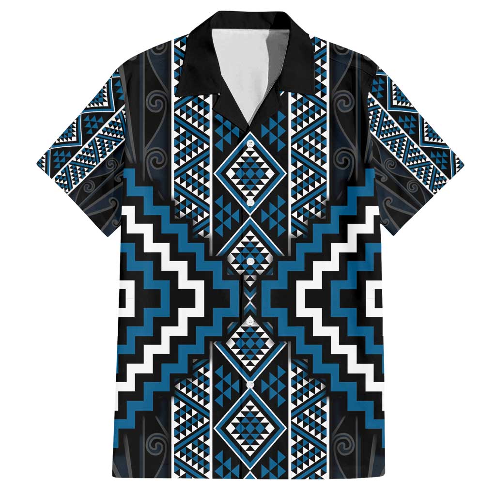 Azure Tukutuku Pattern Aotearoa Family Matching Puletasi and Hawaiian Shirt Niho Taniwha and Puhoro Motifs LT7 Dad's Shirt - Short Sleeve Blue - Polynesian Pride