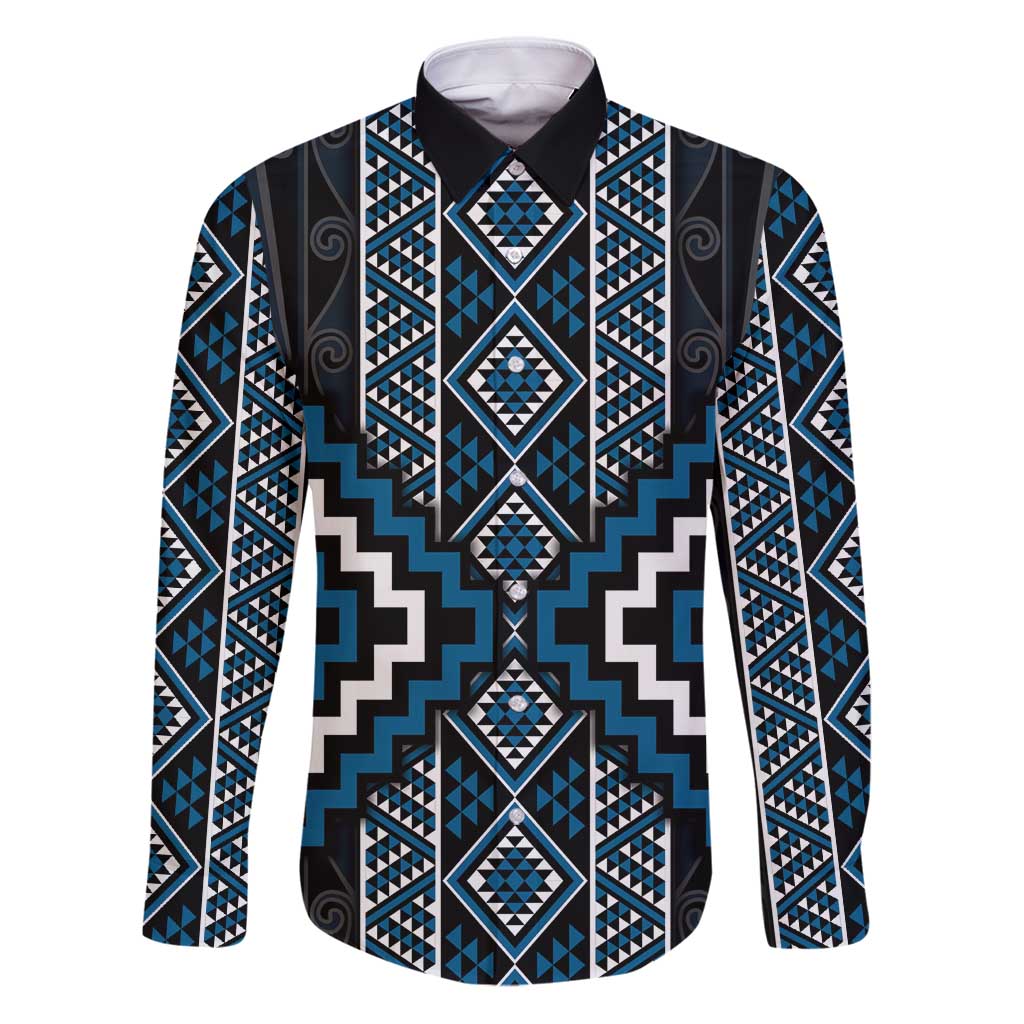 Azure Tukutuku Pattern Aotearoa Family Matching Puletasi and Hawaiian Shirt Niho Taniwha and Puhoro Motifs LT7 Dad's Shirt - Long Sleeve Blue - Polynesian Pride