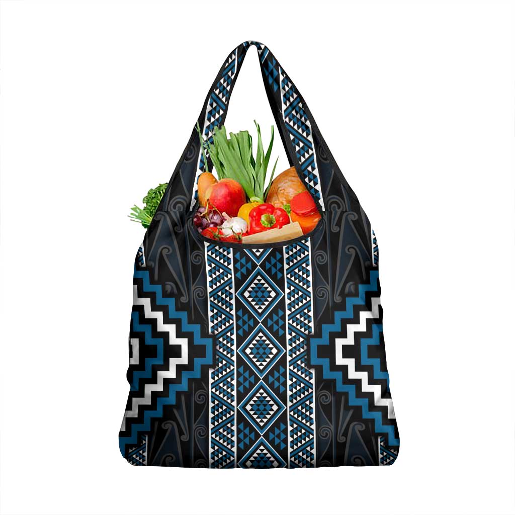 Azure Tukutuku Pattern Aotearoa Grocery Bag Niho Taniwha and Puhoro Motifs