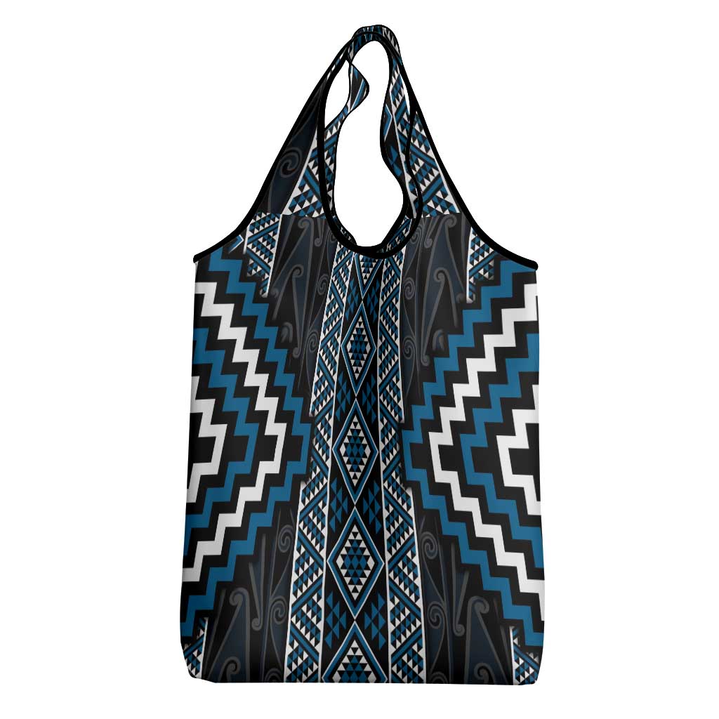 Azure Tukutuku Pattern Aotearoa Grocery Bag Niho Taniwha and Puhoro Motifs