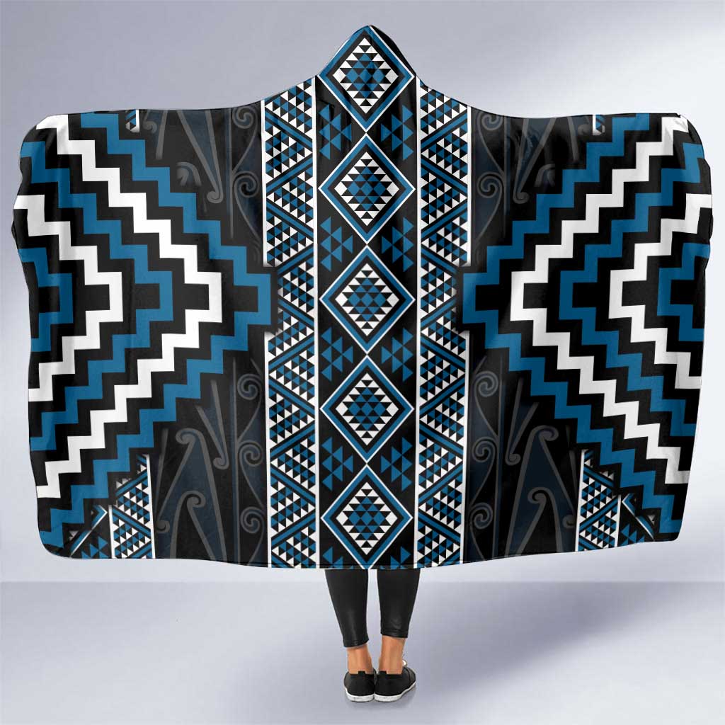 Azure Tukutuku Pattern Aotearoa Hooded Blanket Niho Taniwha and Puhoro Motifs