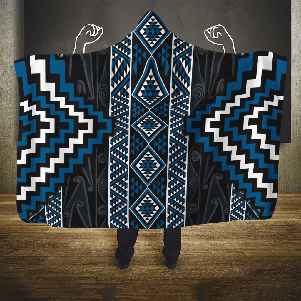 Azure Tukutuku Pattern Aotearoa Hooded Blanket Niho Taniwha and Puhoro Motifs