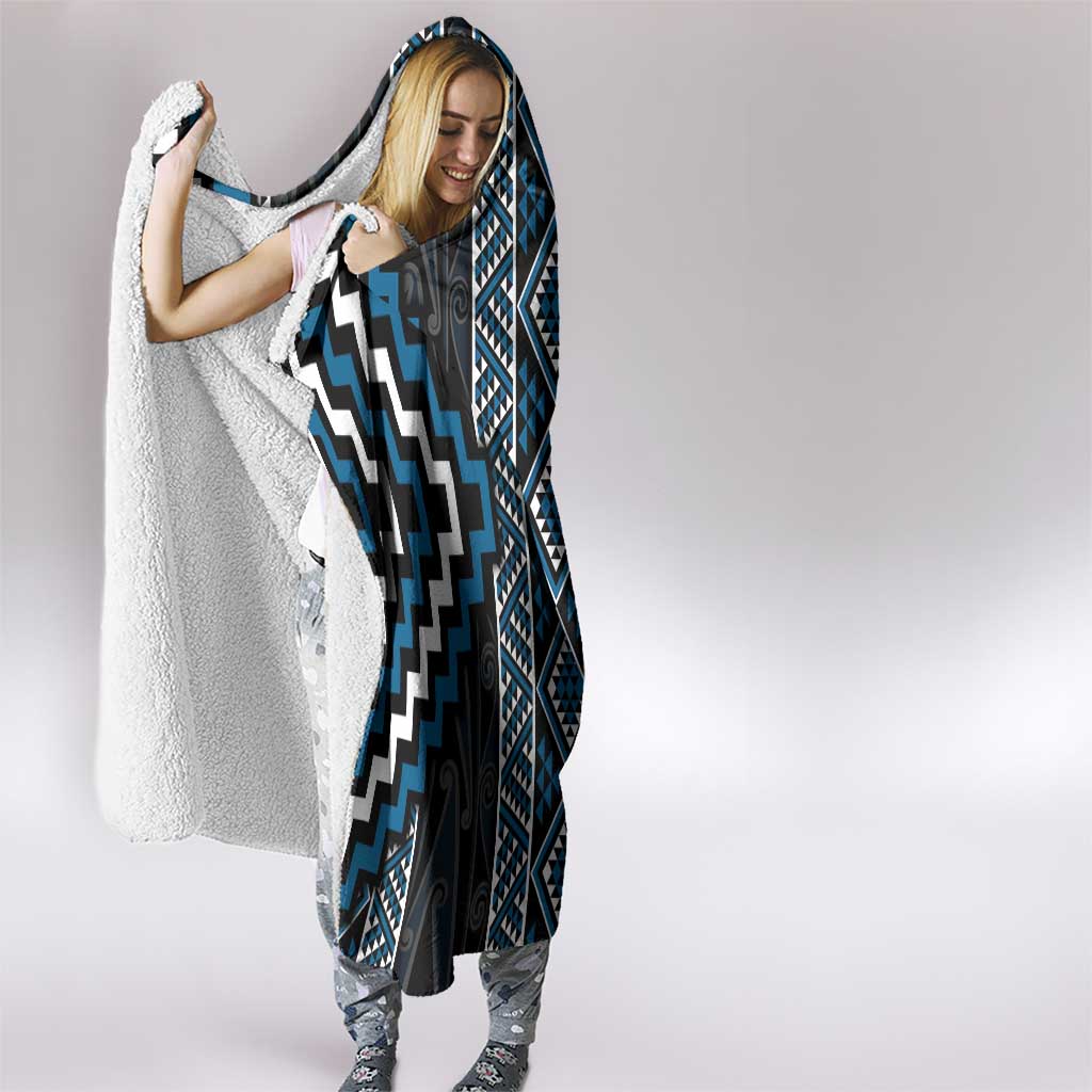 Azure Tukutuku Pattern Aotearoa Hooded Blanket Niho Taniwha and Puhoro Motifs
