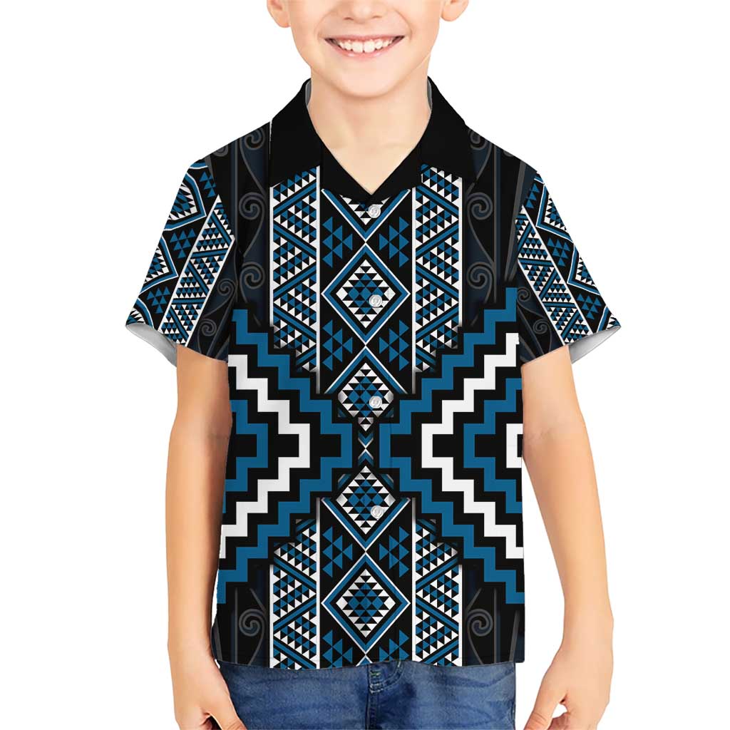 Azure Tukutuku Pattern Aotearoa Kid Hawaiian Shirt Niho Taniwha and Puhoro Motifs LT7 Kid Blue - Polynesian Pride