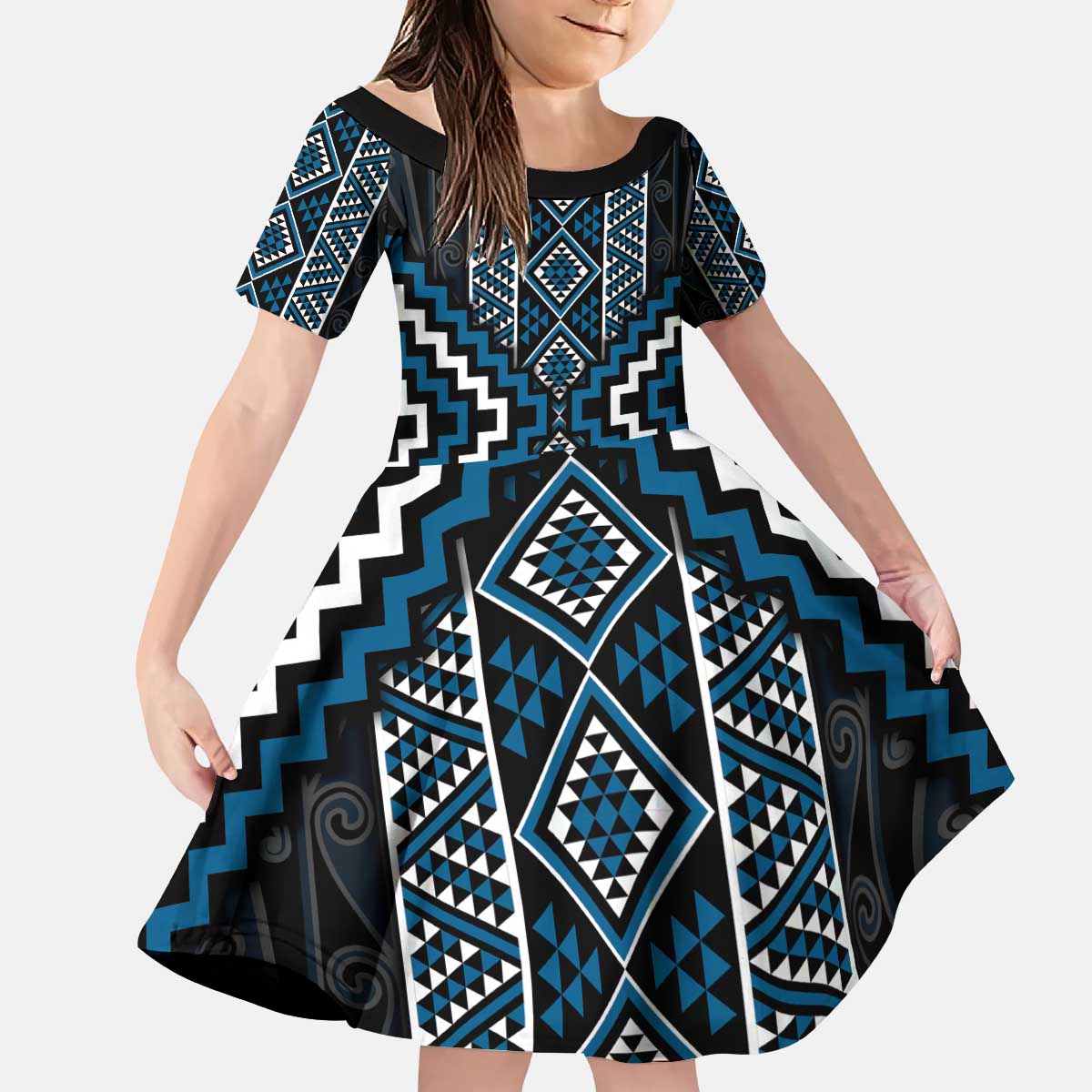 Azure Tukutuku Pattern Aotearoa Kid Short Sleeve Dress Niho Taniwha and Puhoro Motifs