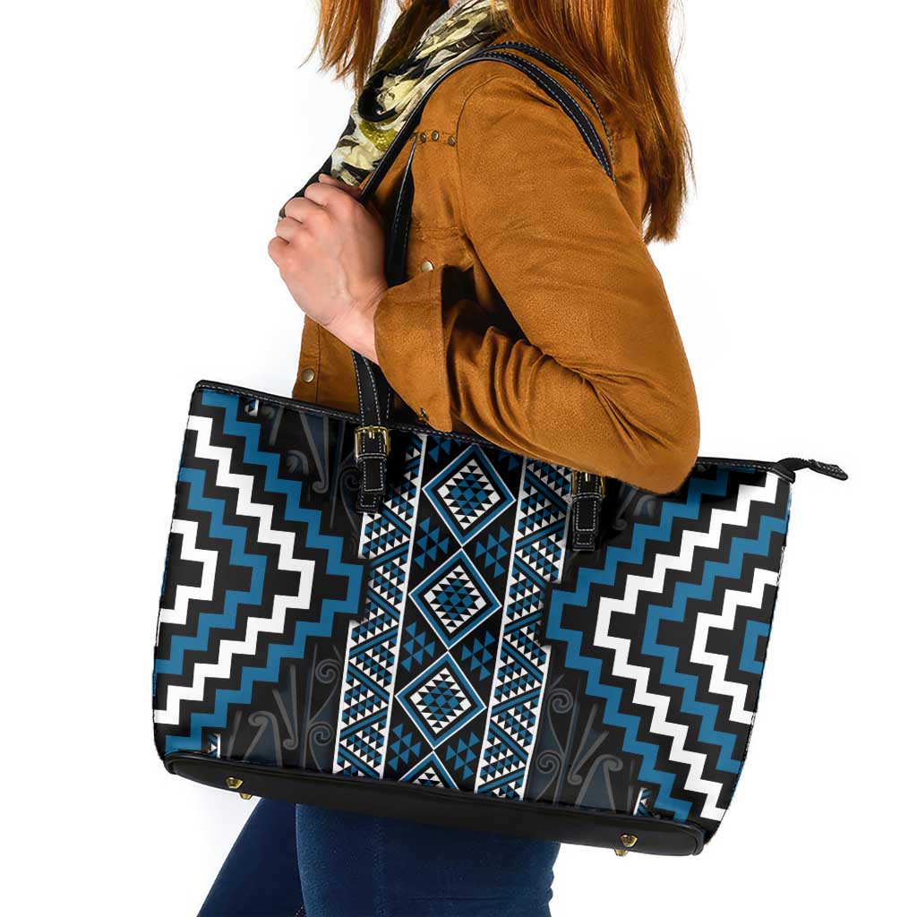 Azure Tukutuku Pattern Aotearoa Leather Tote Bag Niho Taniwha and Puhoro Motifs LT7 Blue - Polynesian Pride
