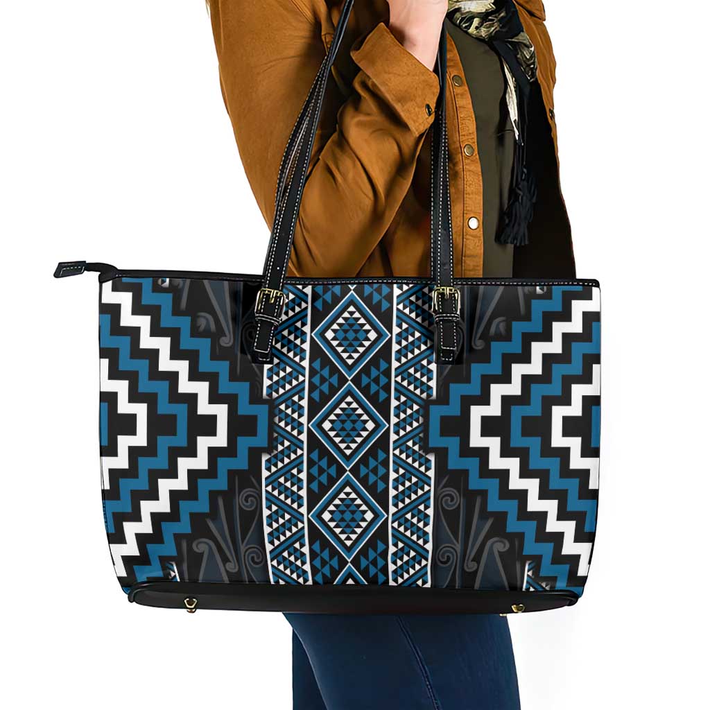 Azure Tukutuku Pattern Aotearoa Leather Tote Bag Niho Taniwha and Puhoro Motifs LT7 - Polynesian Pride