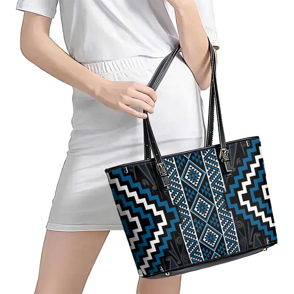 Azure Tukutuku Pattern Aotearoa Leather Tote Bag Niho Taniwha and Puhoro Motifs LT7 - Polynesian Pride