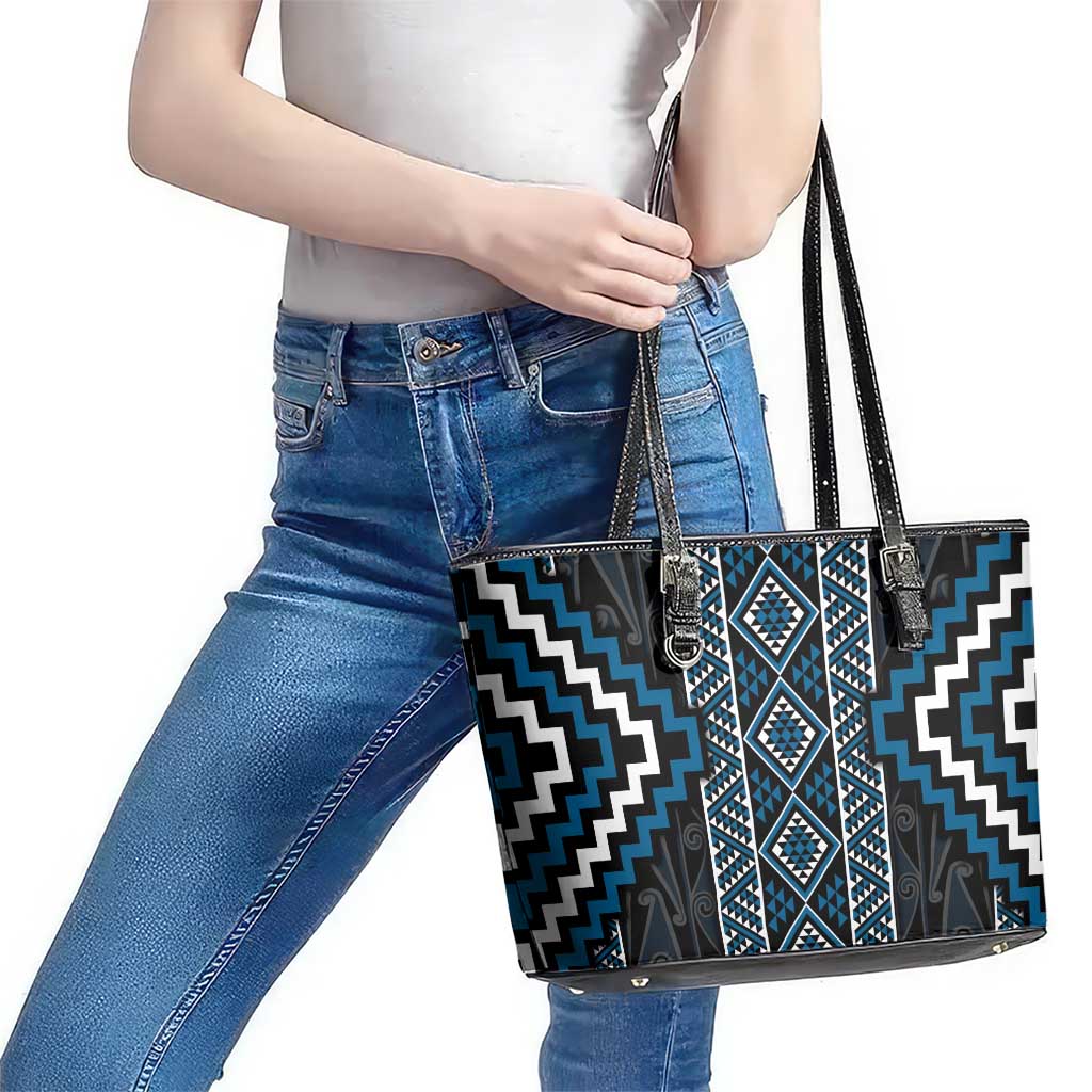 Azure Tukutuku Pattern Aotearoa Leather Tote Bag Niho Taniwha and Puhoro Motifs LT7 - Polynesian Pride