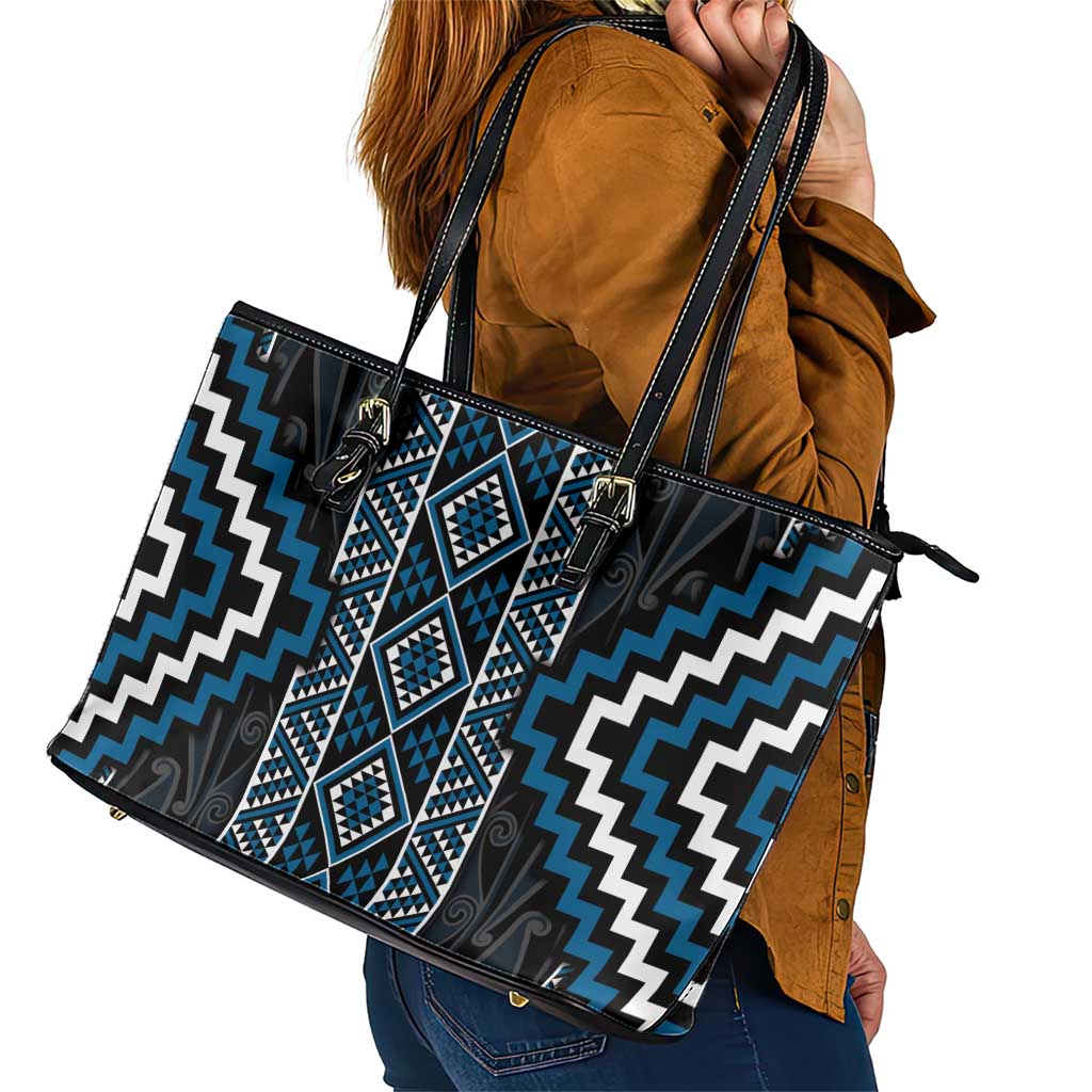 Azure Tukutuku Pattern Aotearoa Leather Tote Bag Niho Taniwha and Puhoro Motifs LT7 - Polynesian Pride