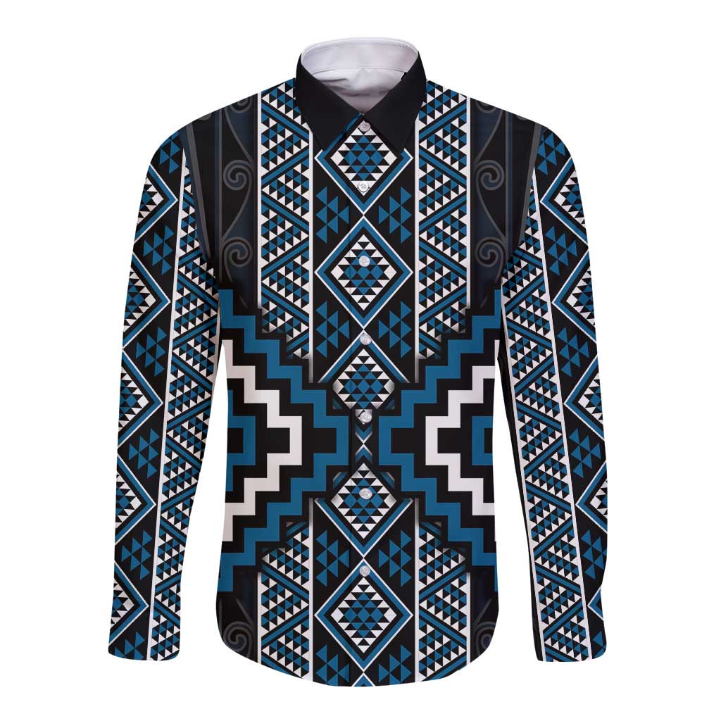 Azure Tukutuku Pattern Aotearoa Long Sleeve Button Shirt Niho Taniwha and Puhoro Motifs LT7 Unisex Blue - Polynesian Pride