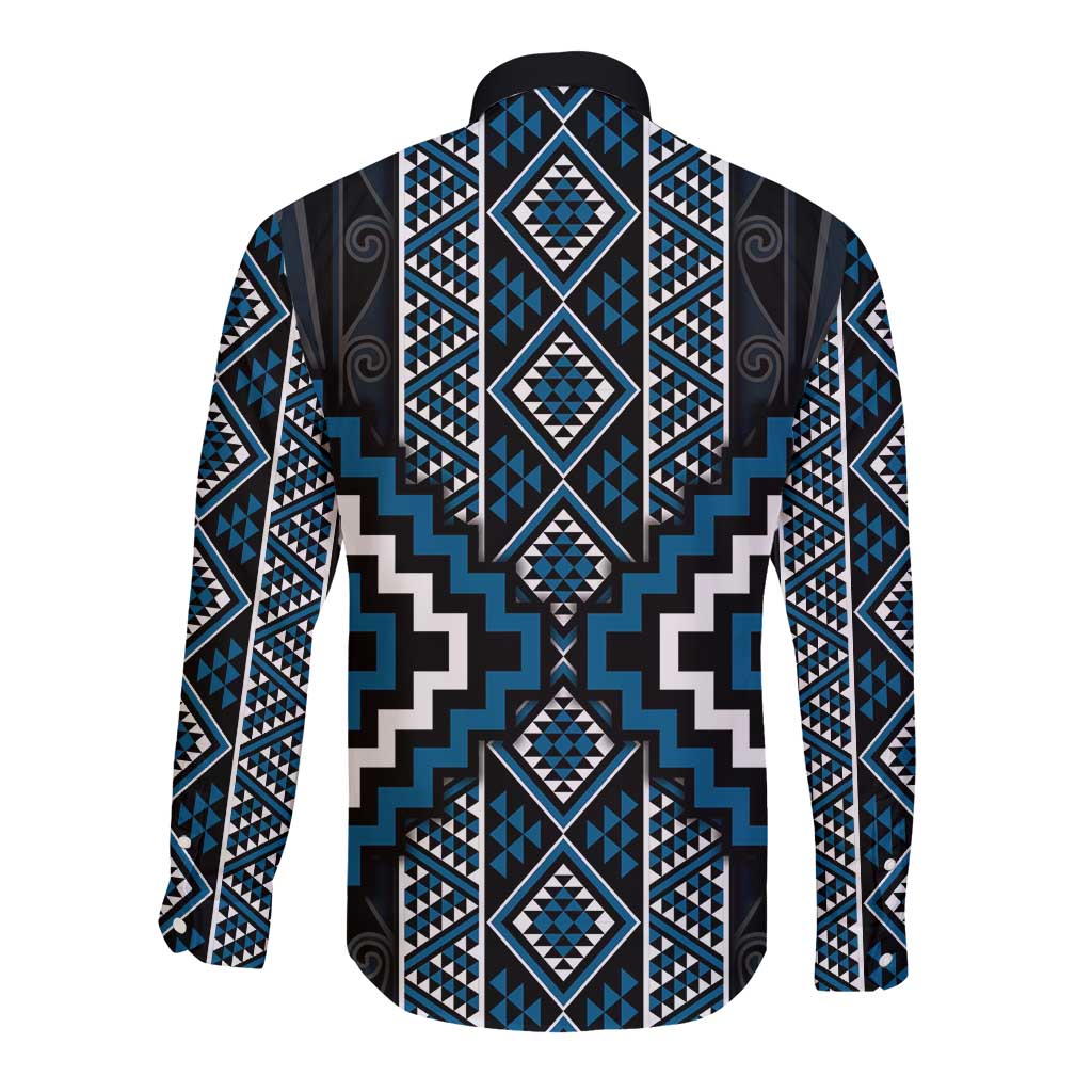 Azure Tukutuku Pattern Aotearoa Long Sleeve Button Shirt Niho Taniwha and Puhoro Motifs LT7 - Polynesian Pride