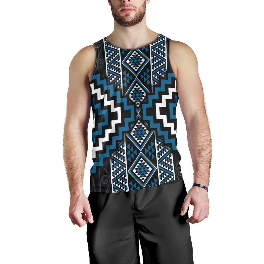 Azure Tukutuku Pattern Aotearoa Men Tank Top Niho Taniwha and Puhoro Motifs