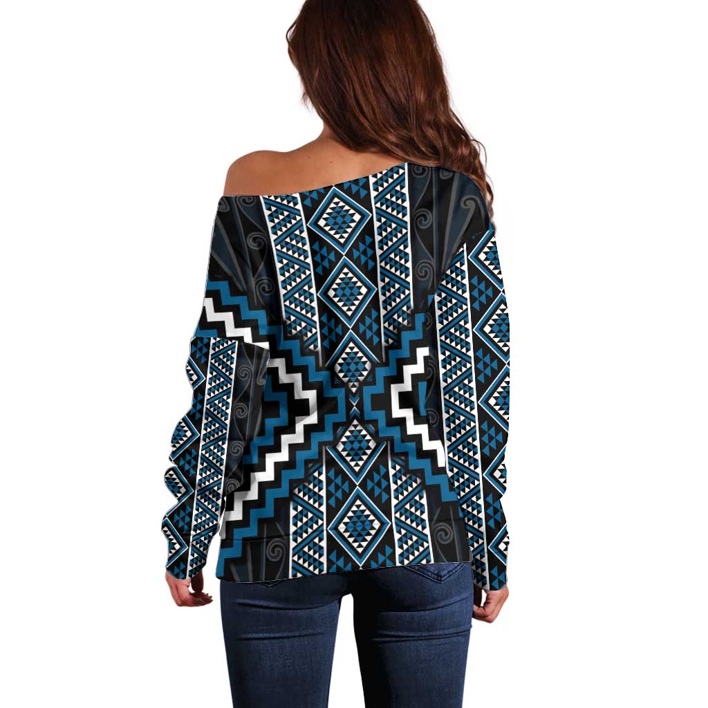 Azure Tukutuku Pattern Aotearoa Off Shoulder Sweater Niho Taniwha and Puhoro Motifs