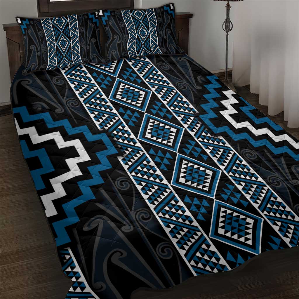 Azure Tukutuku Pattern Aotearoa Quilt Bed Set Niho Taniwha and Puhoro Motifs